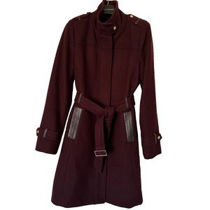 Cole Haan Women Wool Blend Coat Belted Burgundy Size 8